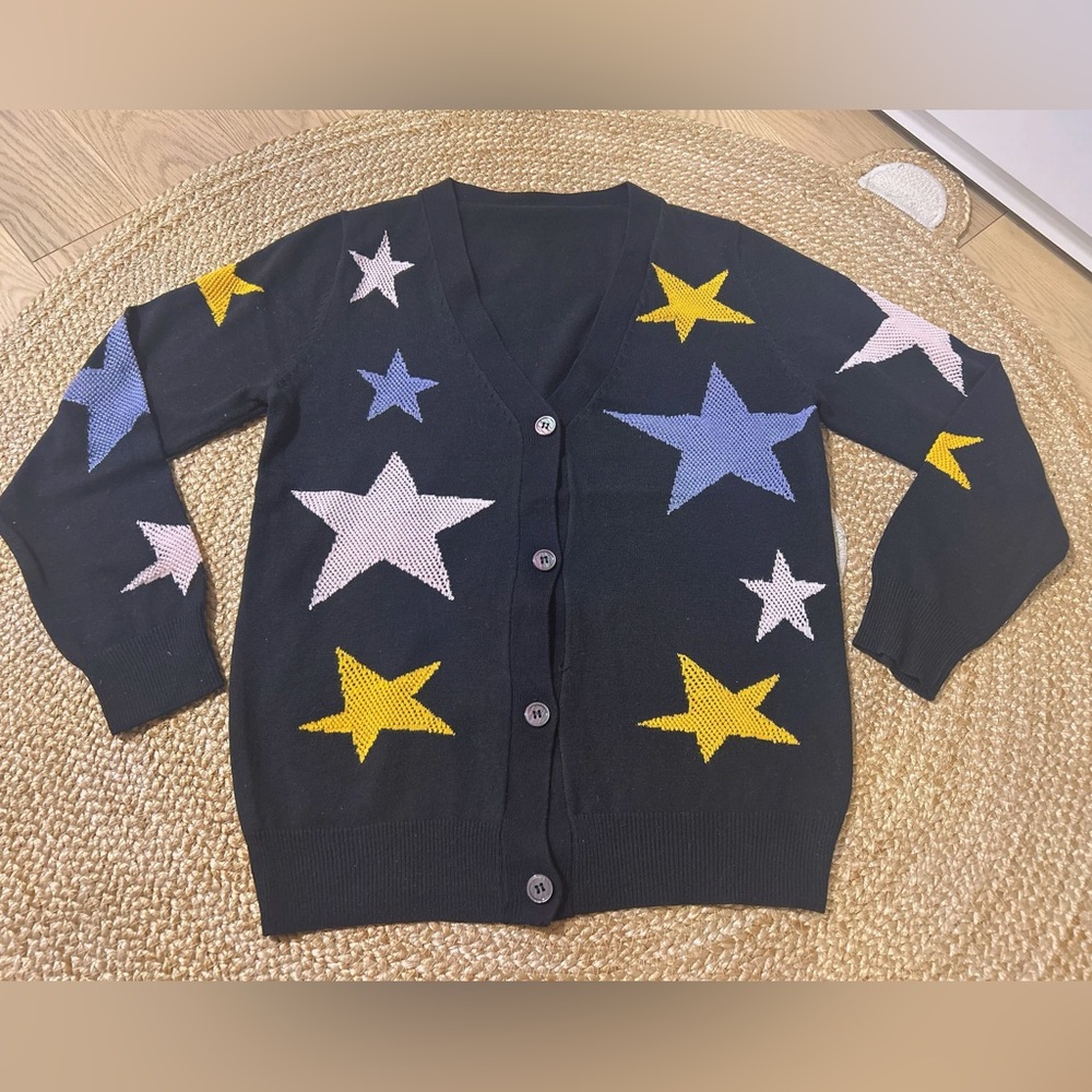 Women's Star Pattern Cardigan - Black with Yellow and Blue Stars